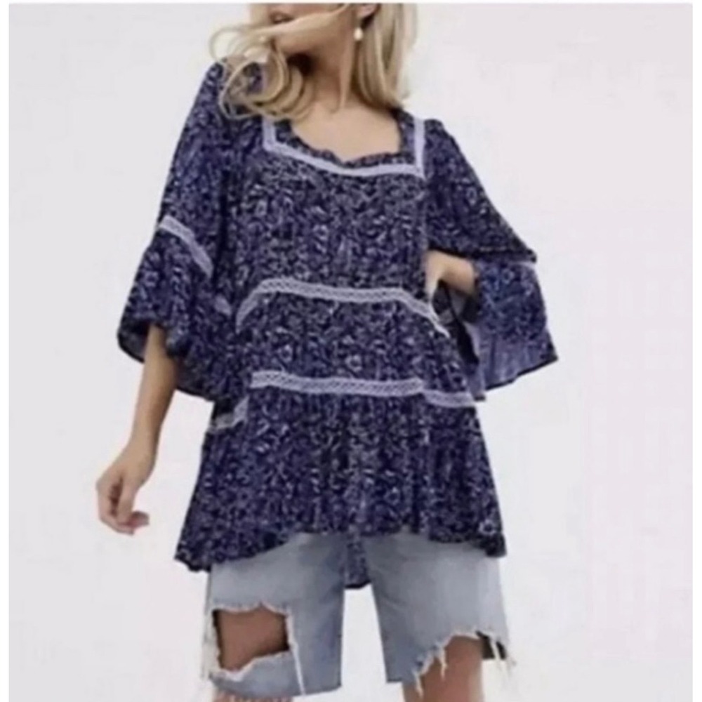 Free People Talk About It Tunic Navy Blue Floral Crochet Lace Tiered Top Large